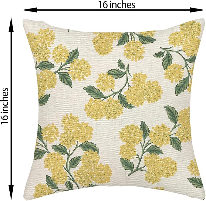 Mustard Yellow Spring Pillow Covers 16x16 Inch 2 Pcs Green Hydrangea Flower - Image 6