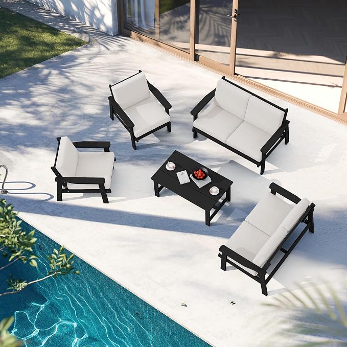 SERWALL HDPE Patio Furniture Set, 5 Piece All Weather Wood-Like Sectional - Image 9