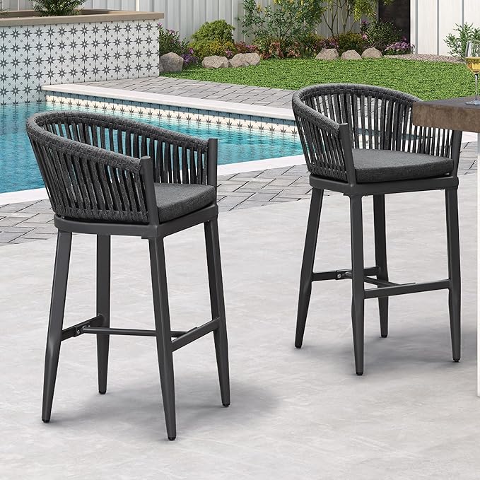 PURPLE LEAF Outdoor Bar Height Stools Set of 2 Patio Metal Modern Wicker Bar - Image 2