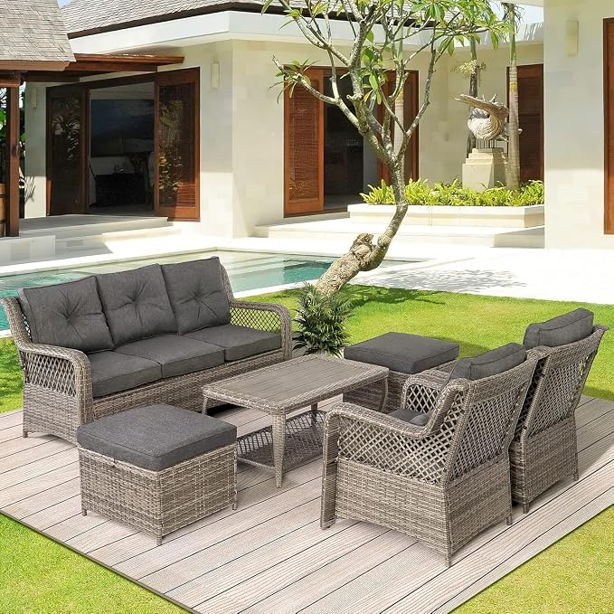 HOMREST 6 Piece Patio Furniture Set, Wicker Outdoor Conversation Sofa Set w/ 2 - Image 6