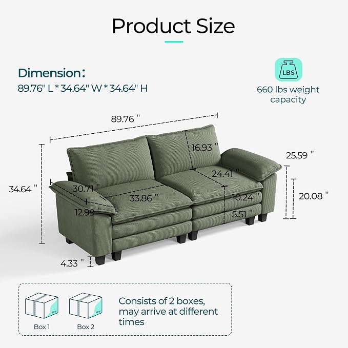 LINSY HOME 90'' Cloud Loveseat Sofa, Modular Sectional Couches Corduroy Cloud - Image 2