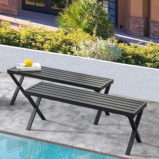 Black Outdoor Bench Set of 2, Patio Garden Bench, All Wheather Outdoor Bench by Puntogen