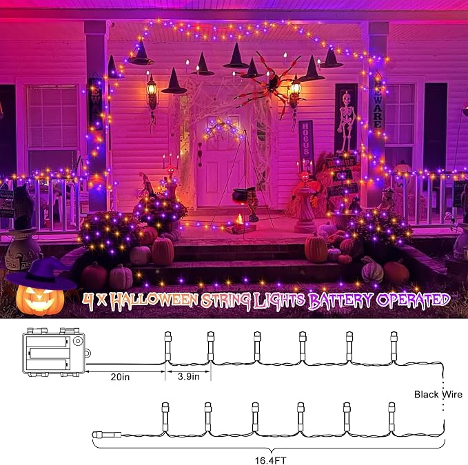 4 Pack Orange Purple Halloween String Lights Battery Operated, Each 16.4Ft 50 - Image 4