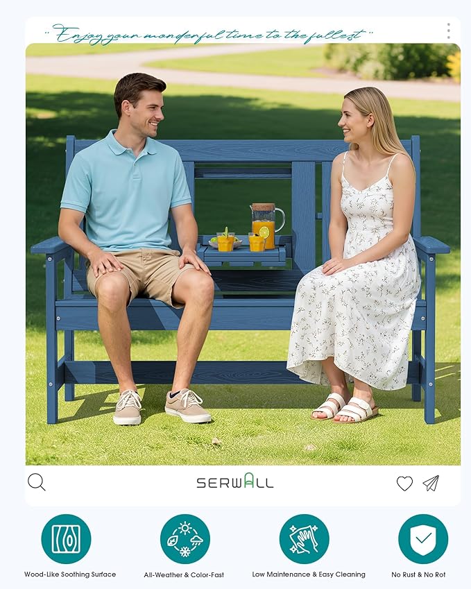 SERWALL Outdoor Bench with Cup Holder, All Weather Patio Benches with High - Image 9