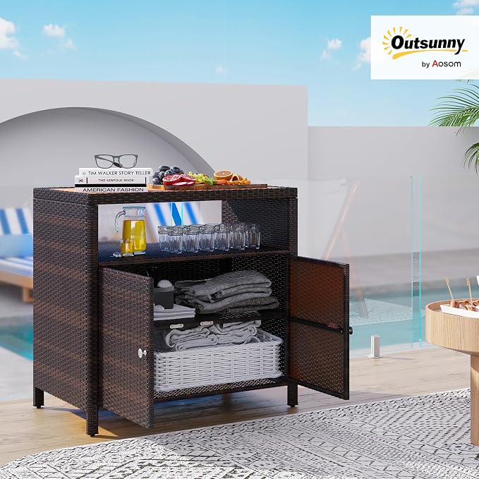 Outsunny Wicker Outdoor Storage Cabinet, Rattan Outdoor Bar Table - Image 2