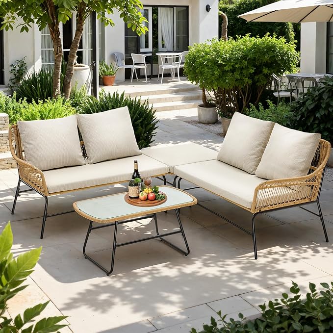 ONBRILL 4-Piece Outdoor Sectional Set, 4-Seats Wicker Patio Couch Sets by ONBRILL