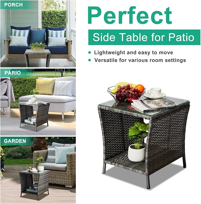 Wicker Rattan Side Table, Outdoor Square Rattan Coffee End Table - Image 7