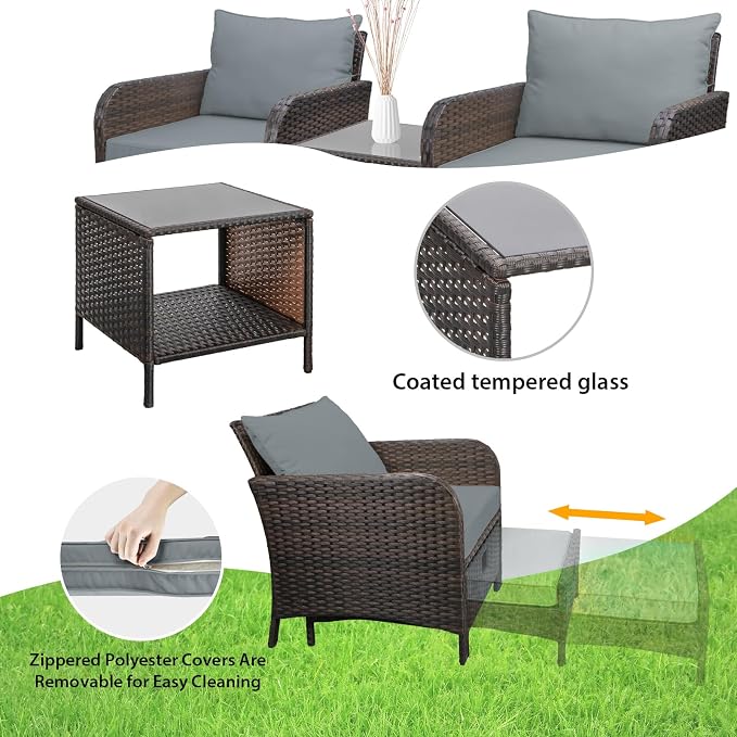 LEVELEVE Balcony Furniture 5 Piece Patio Conversation Set, PE Wicker Rattan - Image 4