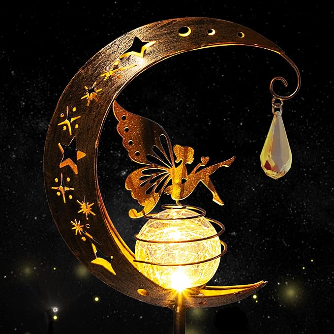 LICKLIP Moon & Fairy Garden Solar Stake Light Outdoor, Crackle Glass Globe by LICKLIP