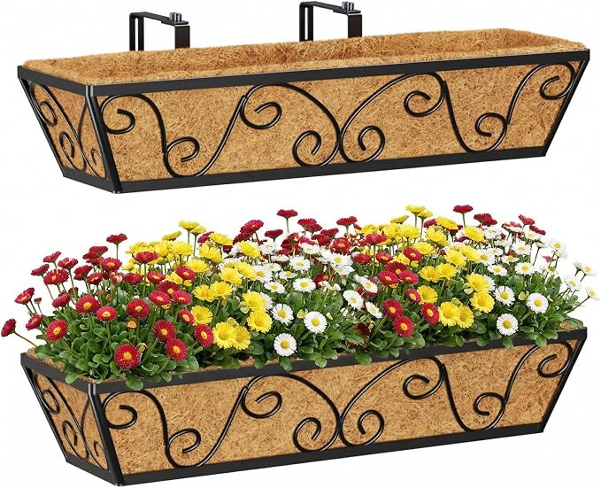 Y&M 24 Inch Window Deck with Coco Liner, Fence Metal Hanging Flower Planter by YM