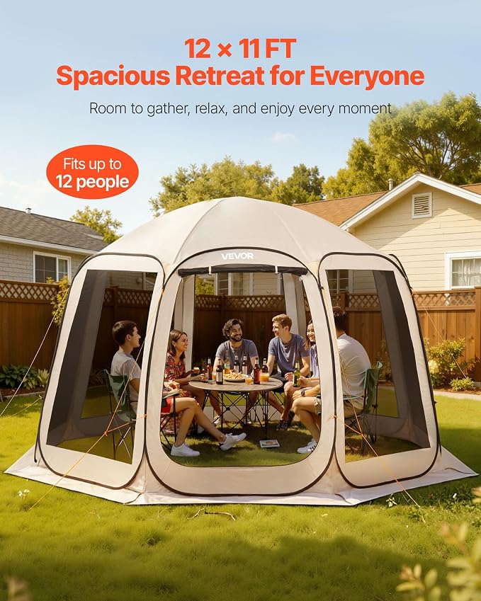VEVOR 12 x 11 ft Pop up Screen House Tent, 10-12 Person Screen Gazebo w/Carry - Image 3