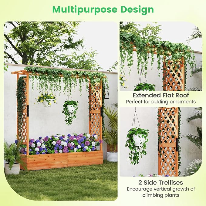 Giantex Raised Garden Bed with Trellis & Hanging Roof, Wood Planter Box with - Image 7