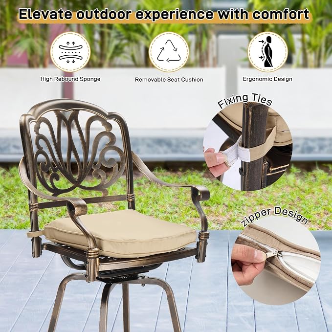 VINGLI Outdoor Swivel Bar Stools Set of 2, Cast Aluminum Patio Bar Height Chairs - Image 7