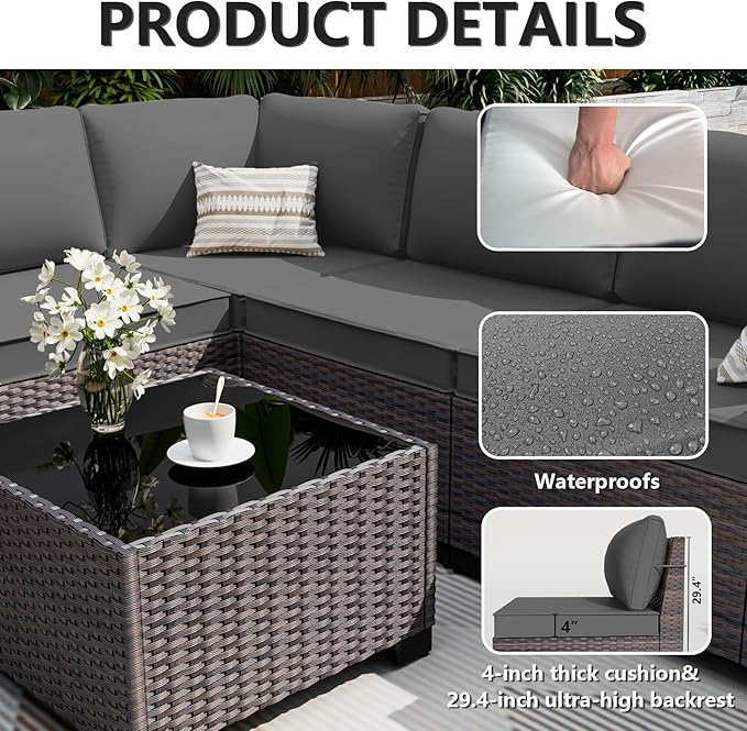 ALAULM 12 Pieces Outdoor Patio Furniture Set Sectional Sofa Sets Brown PE - Image 3