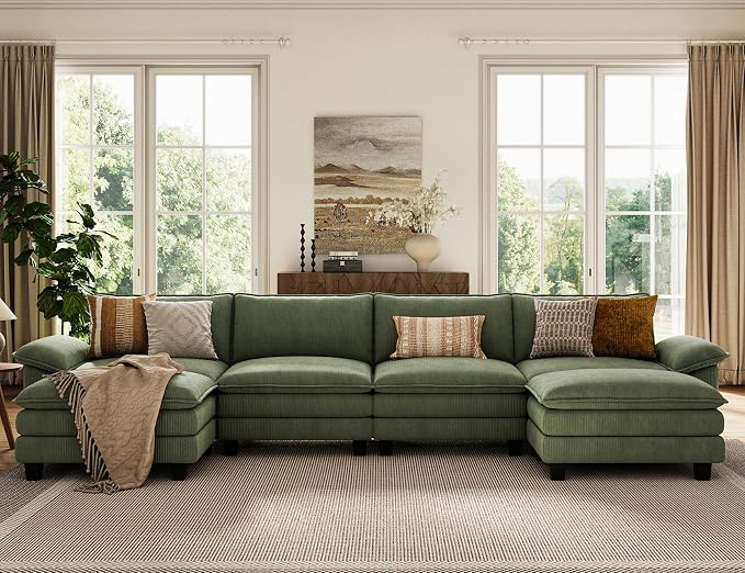 LINSY HOME 157'' Modular Sectional Sofa Green Couch Corduroy Cloud Couches - Image 8