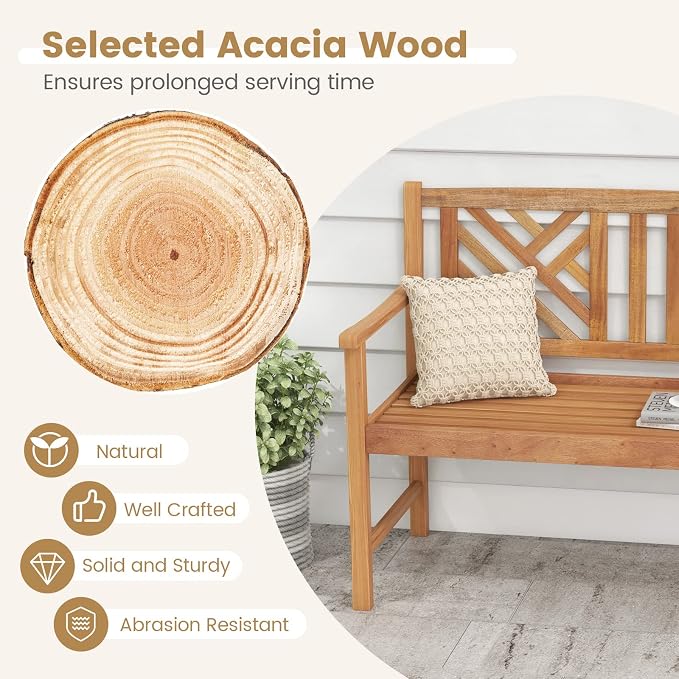 Tangkula Patio Acacia Wood Bench, 2-Person Outdoor Loveseat Chair, Cozy Armrest - Image 6