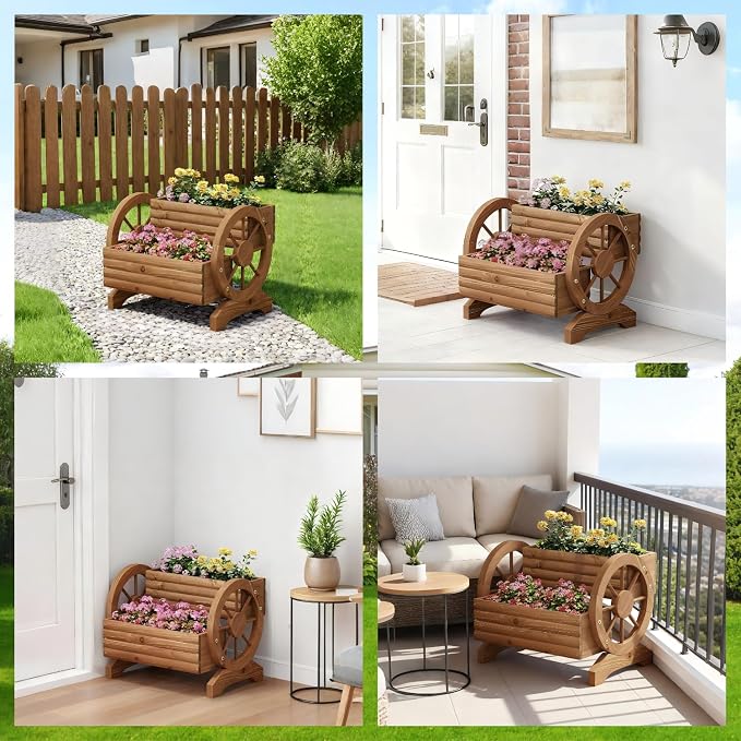 Wooden Wagon Planter Outdoor Flower Cart - Image 4