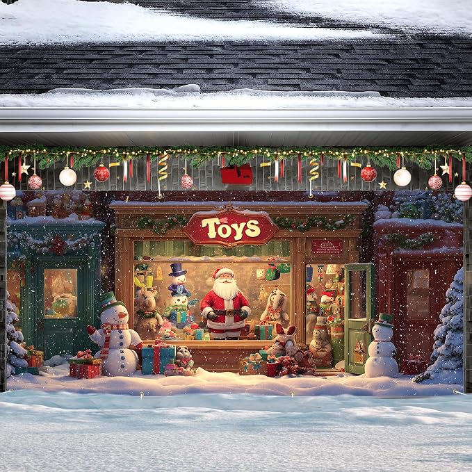 Santa Store Garage Door Decorations 6x13FT, Christmas Window Display Backdrop - Image 7