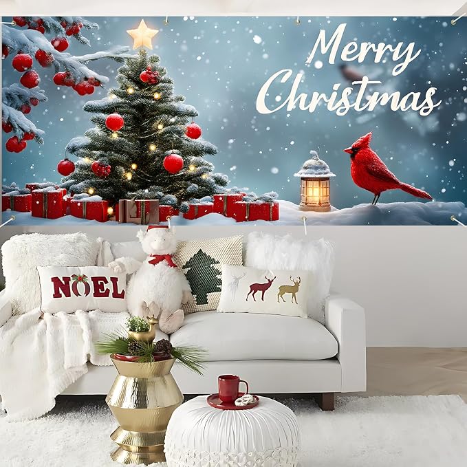 Christmas Garage Door Banner 6x13FT, Cardinal Bird & Ornament Christmas Tree - Image 5