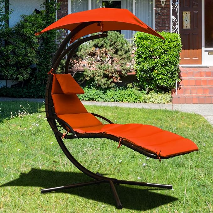 Giantex Hanging Chaise Lounger Chair, Arc Stand Porch Swing Chair w/Canopy - Image 2