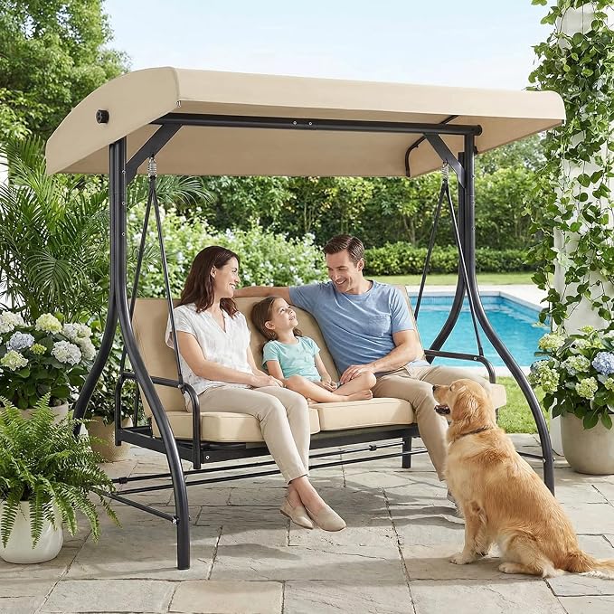MAMIZO 3-Seat Patio Swing with Adjustable Canopy & Backrest, Outdoor Porch - Image 7