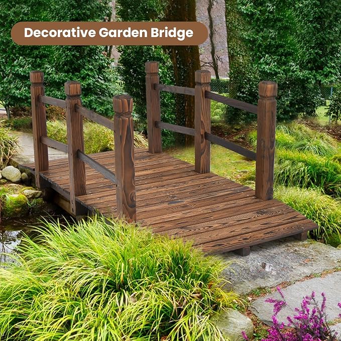 HAPPYGRILL 5FT Wooden Garden Bridge, Decorative Pond Landscaping Bridge - Image 2