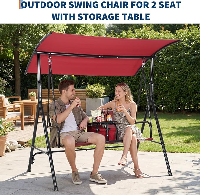 Porch Swing with Cup Holders & Pivot Storage Table & Cooler Bag with Adjustable - Image 4