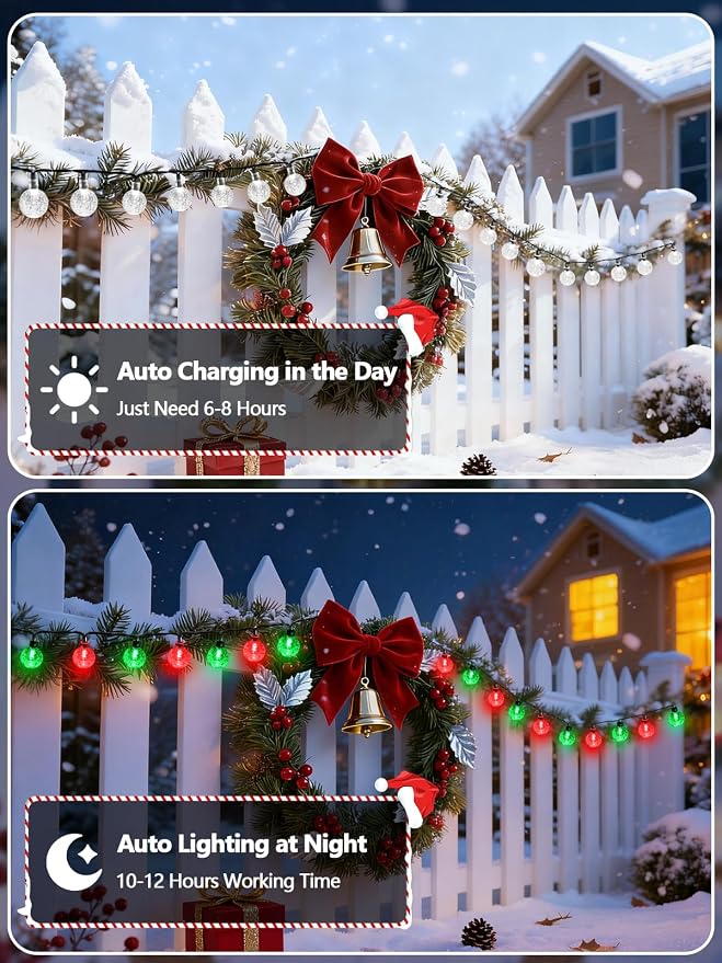 2-Pack 100 LED Red and Green Solar String Lights Outdoor - 64FT Crystal Globe - Image 3