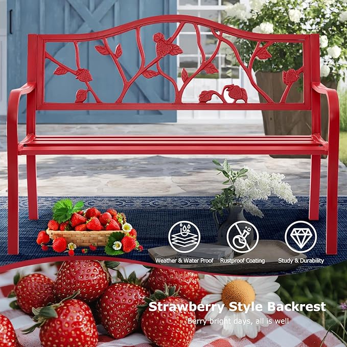 50” Strawberry Outdoor Garden Bench, Weatherproof Sturdy Cast Iron Metal Frame - Image 4