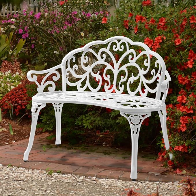 VINGLI 38.5" Patio Park Garden Outdoor Metal Rose Bench, 2-Person Cast Iron - Image 9