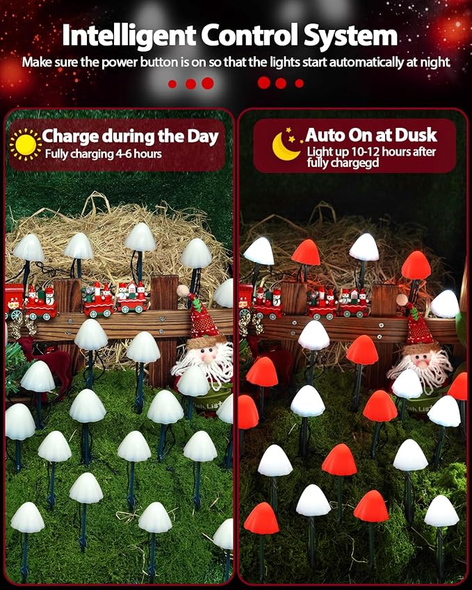 OZS 2PK 32LED 55FT Red and White Christmas Decorations Mushroom Solar Lights - Image 5