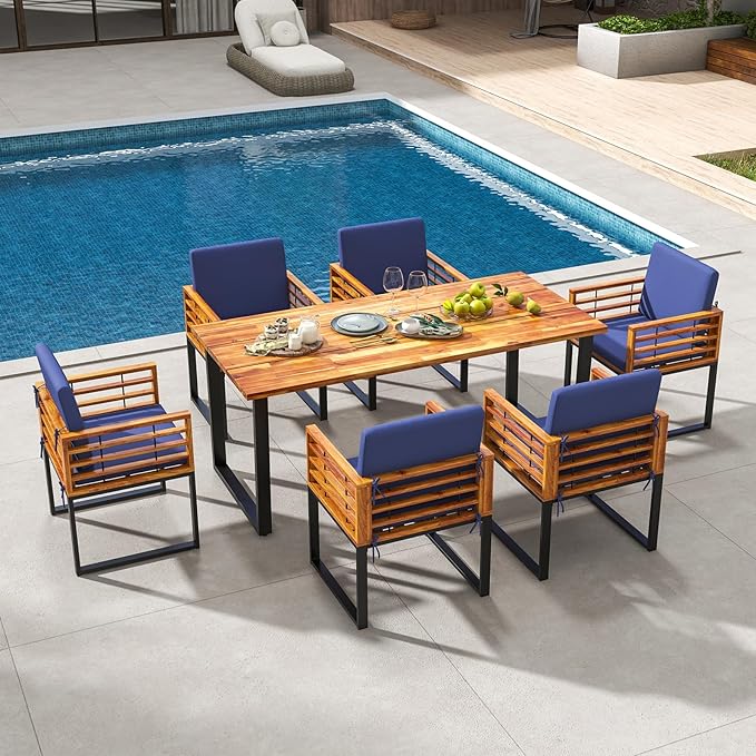 Tangkula 7 Piece Patio Dining Set, Acacia Wood Dining Chair & Table Set - Image 3