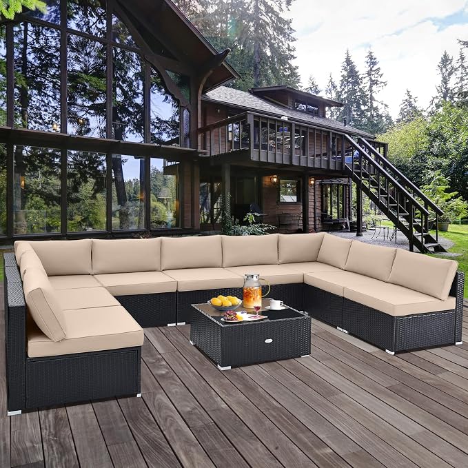 Tangkula 10 Pieces Patio Sofa Set, Outdoor Wicker Conversation Set - Image 2