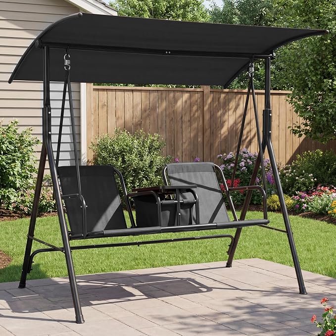 Porch Swing with Cup Holders & Pivot Storage Table & Cooler Bag with Adjustable - Image 9