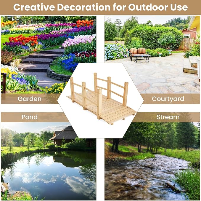 HAPPYGRILL 5FT Wooden Garden Bridge, Decorative Pond Landscaping Bridge - Image 6