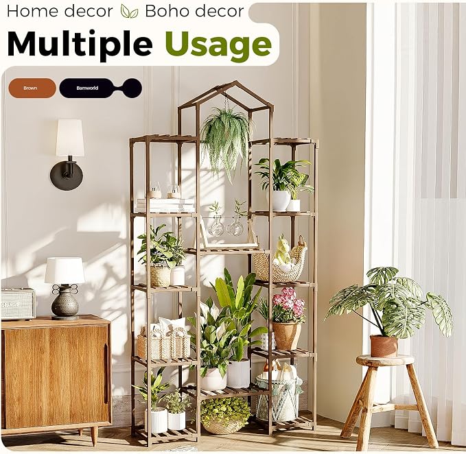 Bamworld 74.4" Tall Plant Stand Indoor Outdoor Wood Plant Shelf Hanging Plant - Image 6