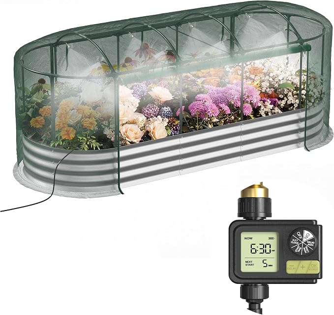 Raised Garden Bed with Sprinkler Timer and Self-Watering System, Oval Raised by Lineware