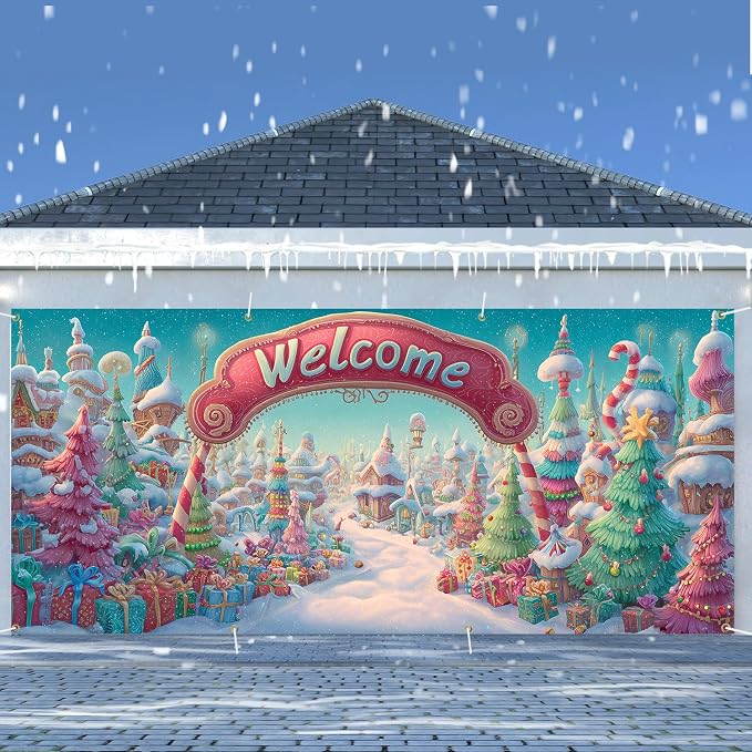 Welcome Christmas Town Garage Door Cover 6x13FT, Candy Land Style Winter - Image 2