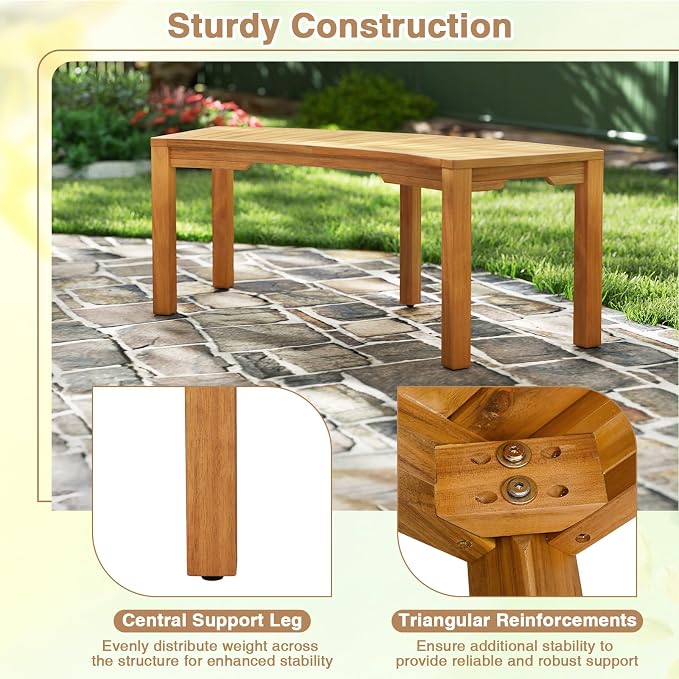 Tangkula Outdoor Curved Bench, Acacia Wood Fire Pit Bench w/Slatted Seat - Image 7