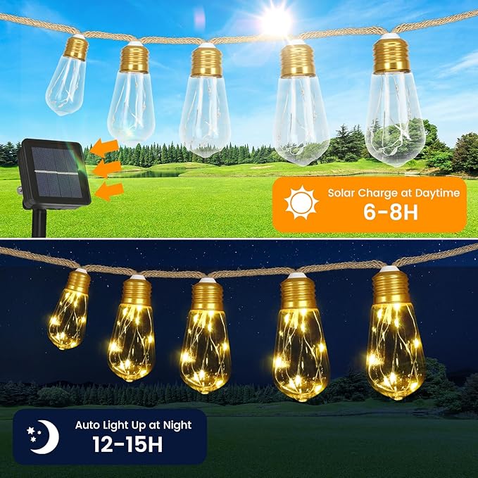 Solar Outdoor String Lights 24FT Vintage Rope Hemp Solar Lights - Image 6