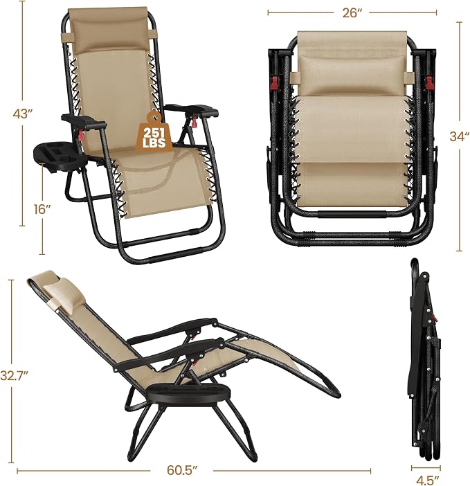 Yaheetech Zero Gravity Recliners Outdoor Adjustable Folding Reclining Lounge - Image 3