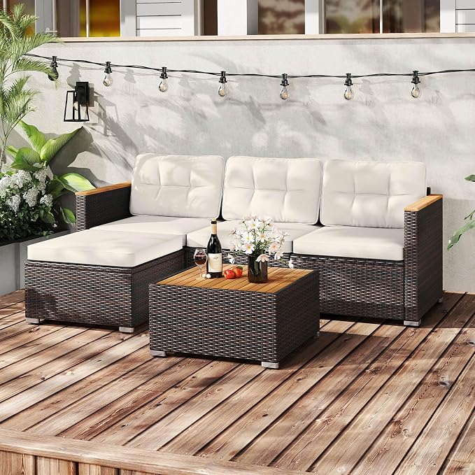 Tangkula 5 Pieces Outdoor Patio Furniture Set, L Shaped Rattan Cushioned Chairs - Image 5