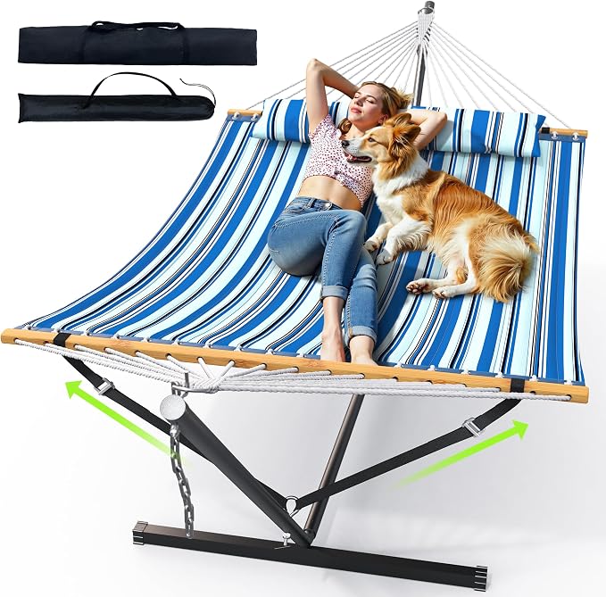Double Hammock with Stand for Outdoor, Heavy Duty Portable Hammock with by ANAGOO