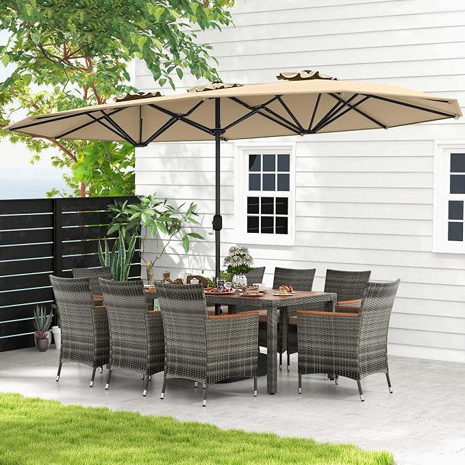 Tangkula 10 Pieces Patio Wicker Dining Set w/Double-Sided Patio Umbrella - Image 9