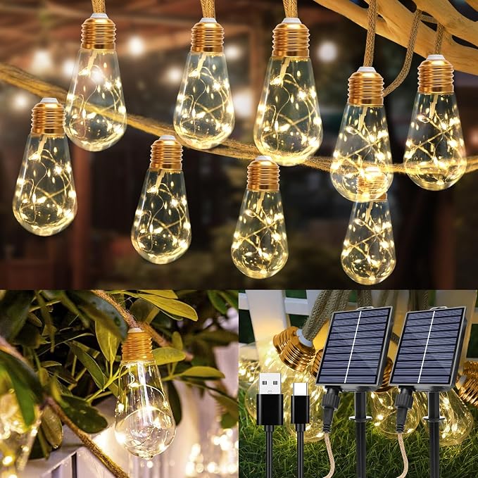 Solar String Lights Outdoor, 26 Ft Vintage Rope Hemp Solar Patio Lights by TUODAW