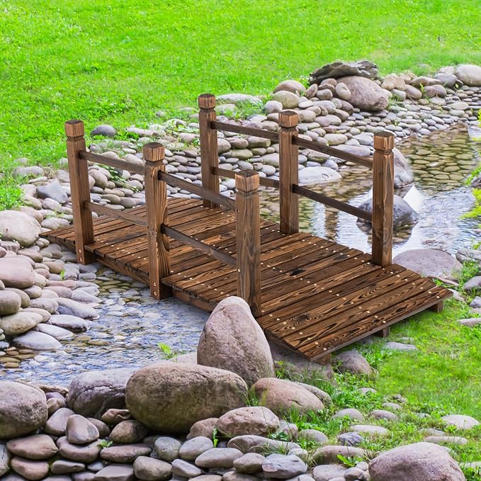 Tangkula 5 FT Wooden Garden Bridge, Arch Stained Finish Footbridge - Image 3