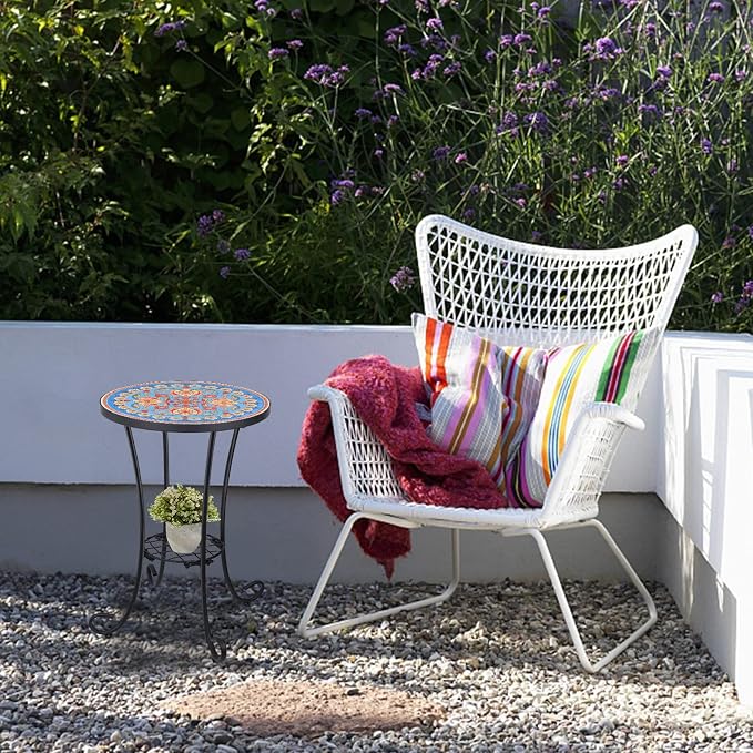 VCUTEKA Outdoor Side Table Mosaic Patio Table Accent Tables Mosaic Tile Top - Image 4