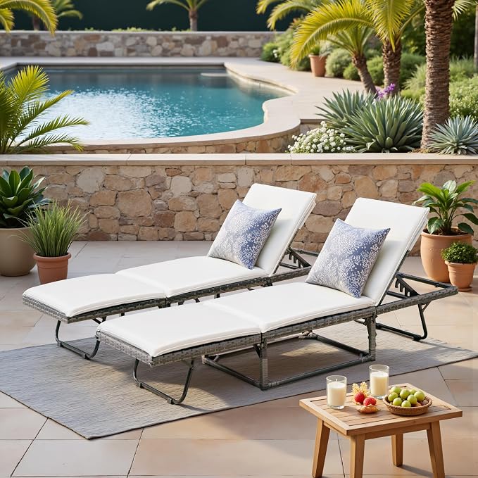 Devoko Lounge Chair Foldable Rattan Chaise Lounge 2-Pack, 5-Angle Adjustable - Image 2