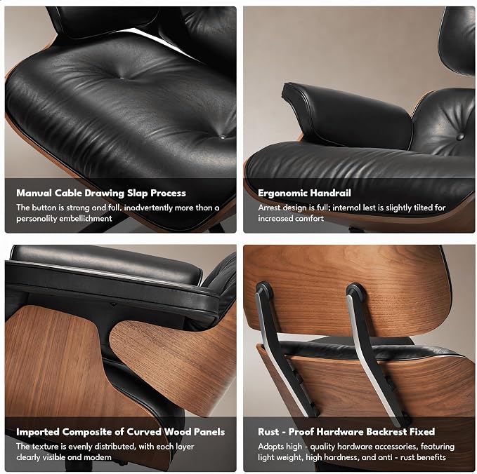 Top Black Grain Leather, Mid Century Chaise Lounge Chair and Ottoman, Leather - Image 7