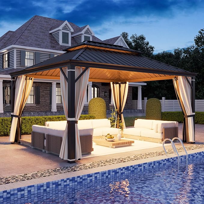 YOLENY 12' x 16' Gazebo, Galvanized Steel Double Roof Hardtop Gazebo - Image 8